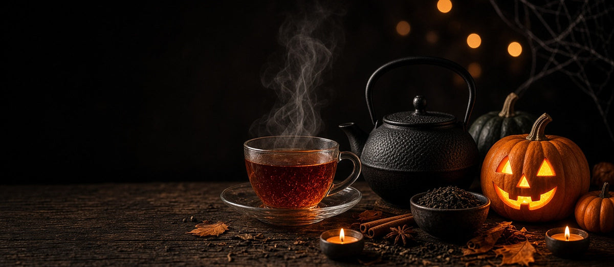Teiera in ghisa e tazza di tè caldo con zucca di Halloween intagliata, candele e spezie autunnali