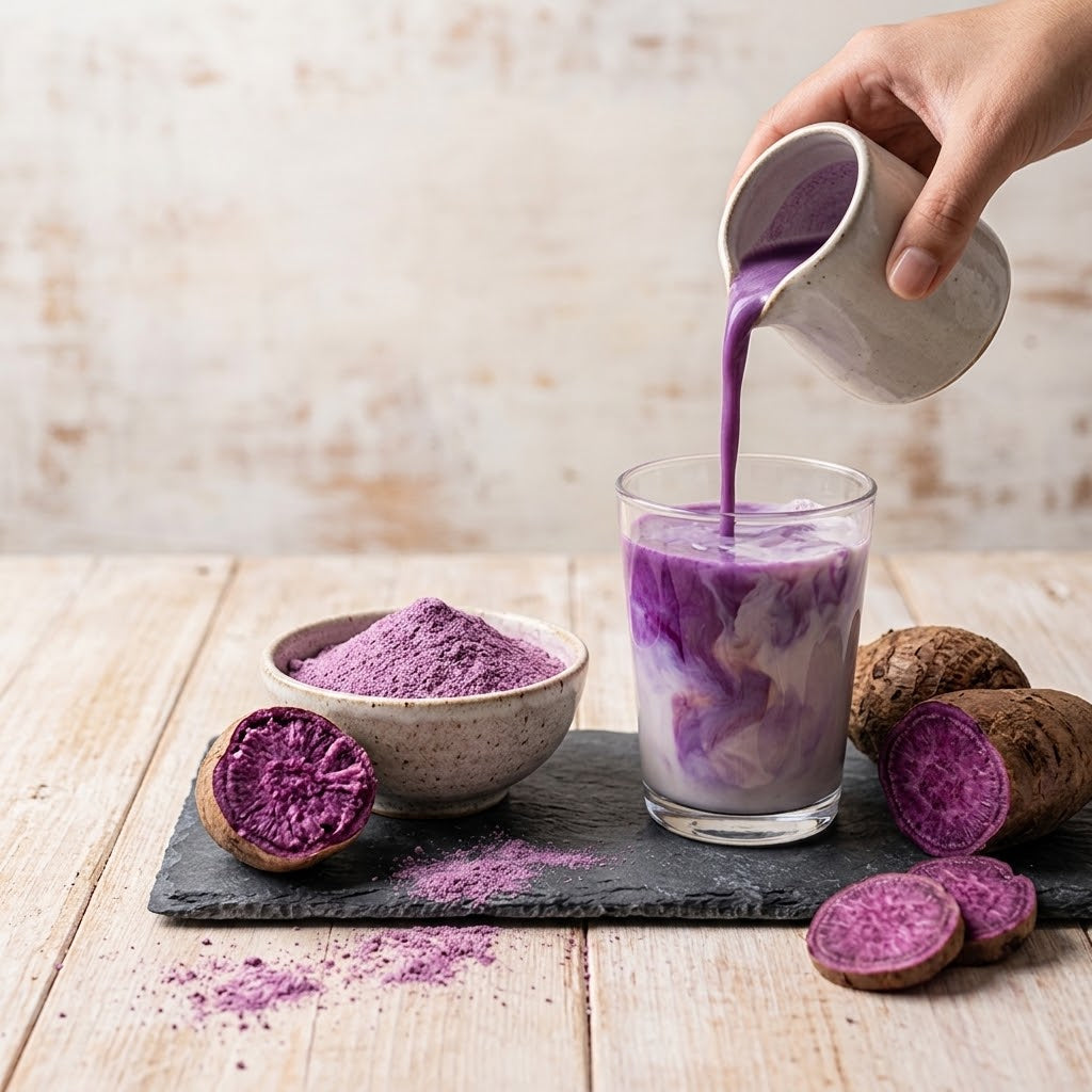 Ube latte viola versato in un bicchiere con latte, polvere di ube e yam viola tagliati